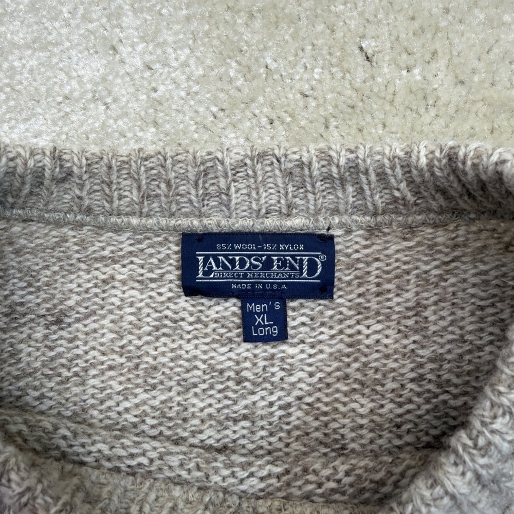 Vintage 90s Lands End Sweater Mens XL Long Gray White Knit Wool Nylon Pullover - Picture 3 of 7